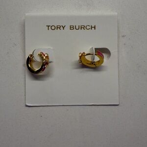 Tory Burch Gold and Hot Pink Enamel Small Hoop Earrings